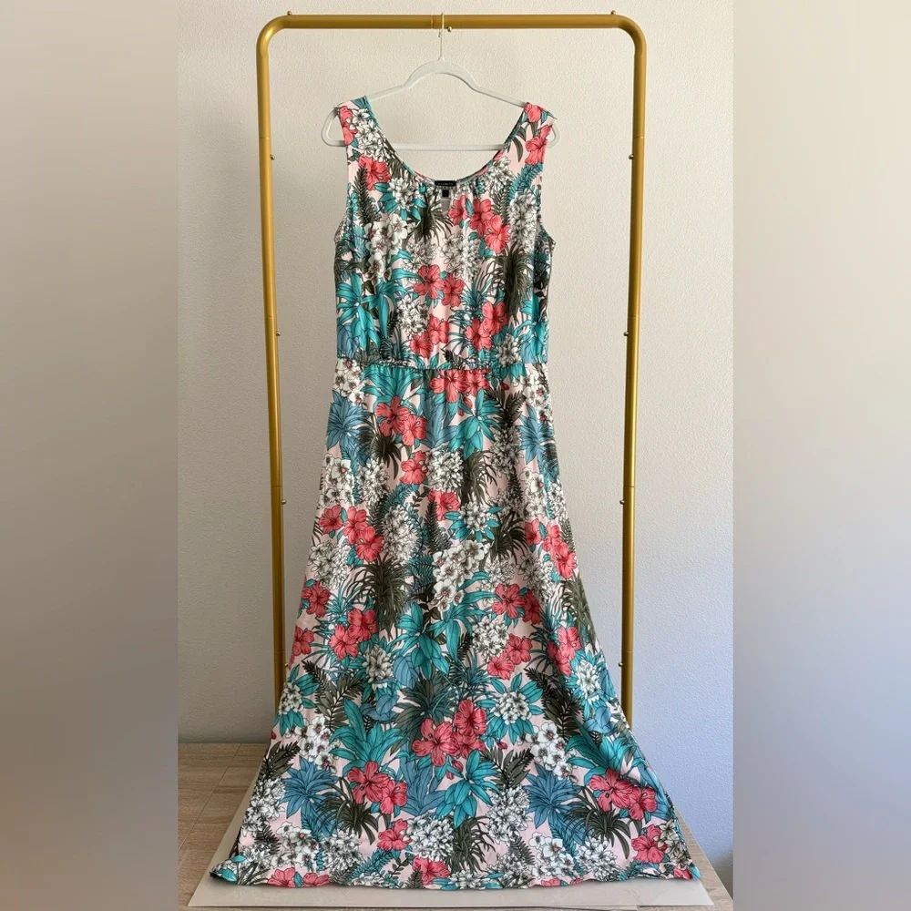TALBOTS FLORAL JUNGLE JERSEY MAXI DRESS SLEEVELESS SUPER SOFT TROPICAL SZ L‎